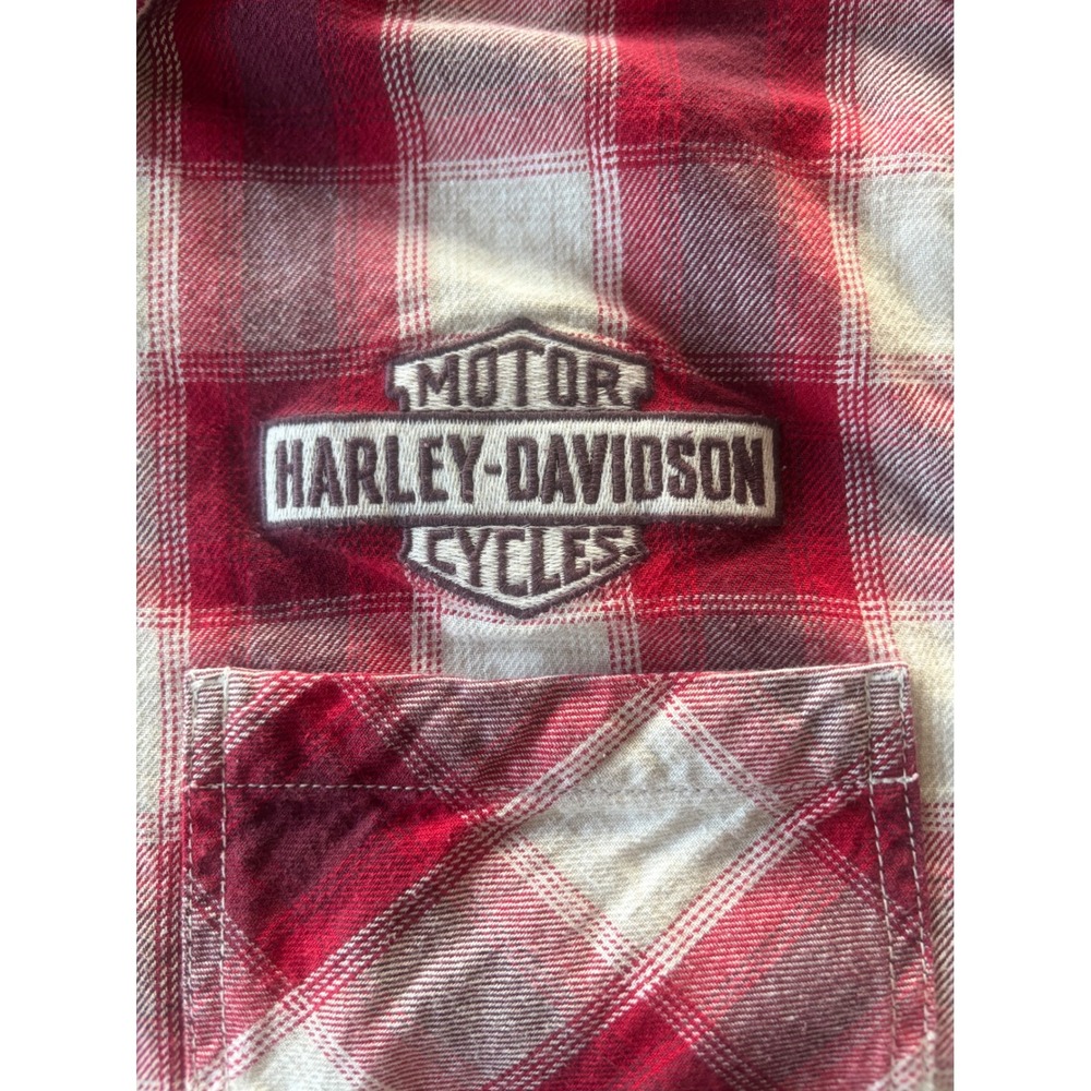 Harley-Davidson Mens 2XL Red White Plaid Flannel Shirt Short Sleeve Button Up - Picture 4 of 8